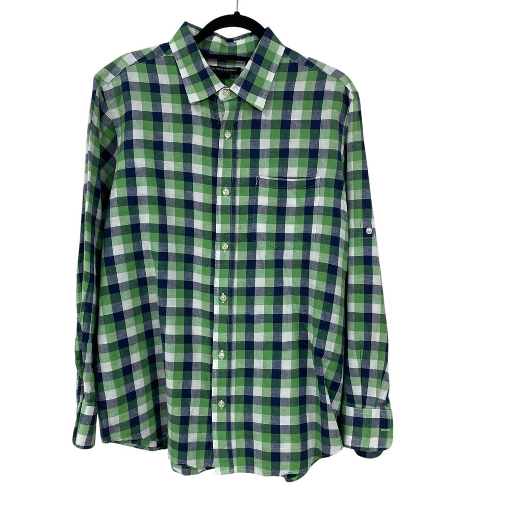 Banana Republic Linen Blend Long Sleeve Button Down Green Navy Plaid Mens Large